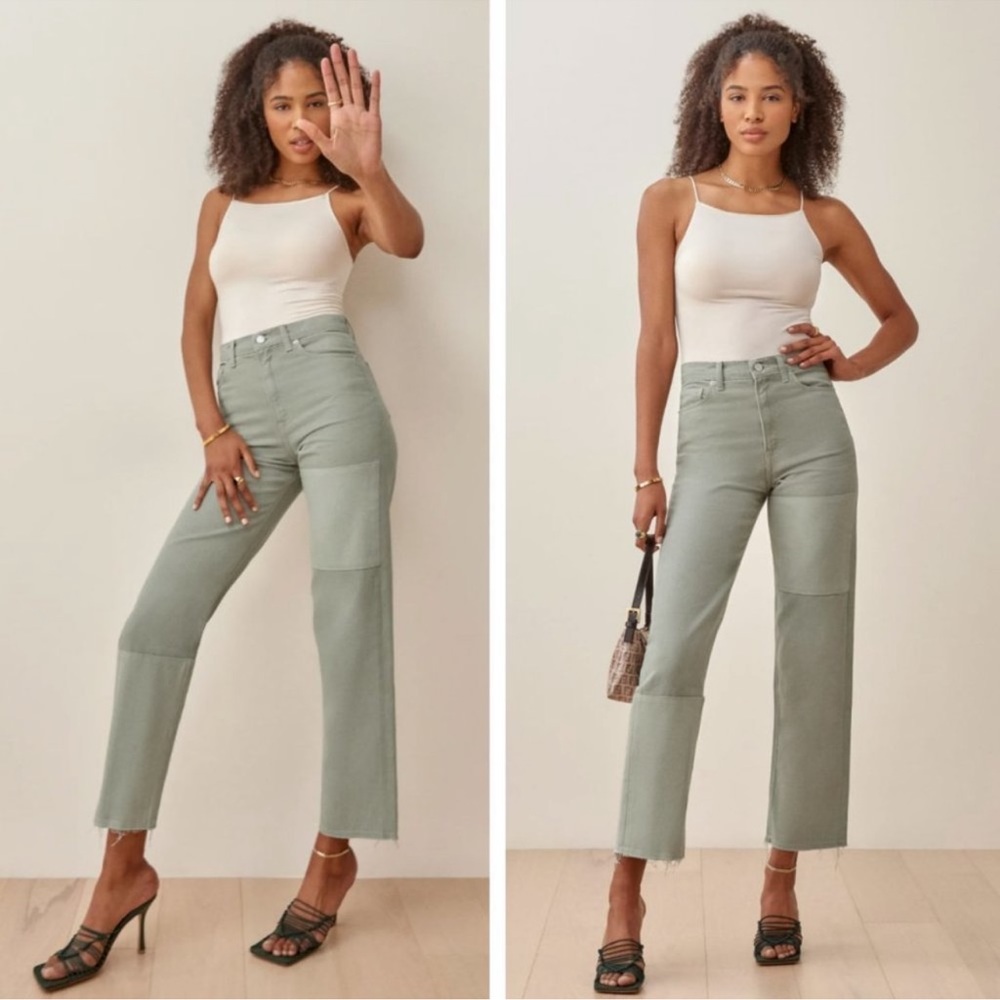 Reformation Ryan Tonal Patch High Rise Straight Jeans Limon Wash Raw Hem Denim